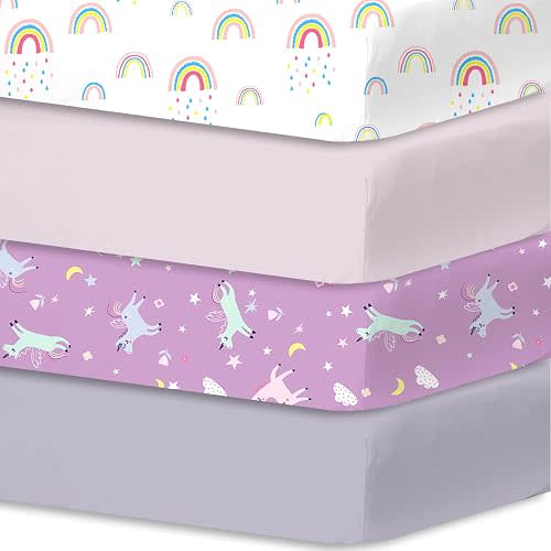 Little Grape Land Crib Sheets for Boys Girls,Baby Crib Sheets Fitted 4PK for Standard Crib and Toddler Bed Mattress,52"x28"Soft Breathable Microfiber Crib Mattress Cover with Cute Patterns(Unicorn)