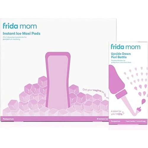 Frida Mom Upside Down Peri Bottle + 2-in-1 Postpartum Absorbent Perineal Ice Maxi Pads | for Postpartum Care, Perineal Recovery and Cleansing After Birth