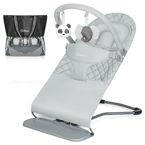 Orzbow Portable Baby Bouncer, Foldable Baby Bouncer Seat with Storage Bag and Removable Play Bar, 3 Recline Positions, 0-12 Months Up to 20lbs, Ergonomic Design, Easy to Wash, Grey
