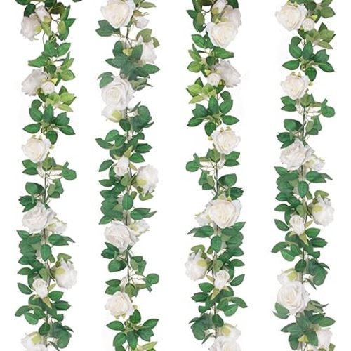 TELDRASSIL 4Pcs(26 FT) Artificial Rose Vine Fake Flower Garland Fake Silk Rose Hanging Vine for Wedding Party Background Arch Garden Background Decoration (White)