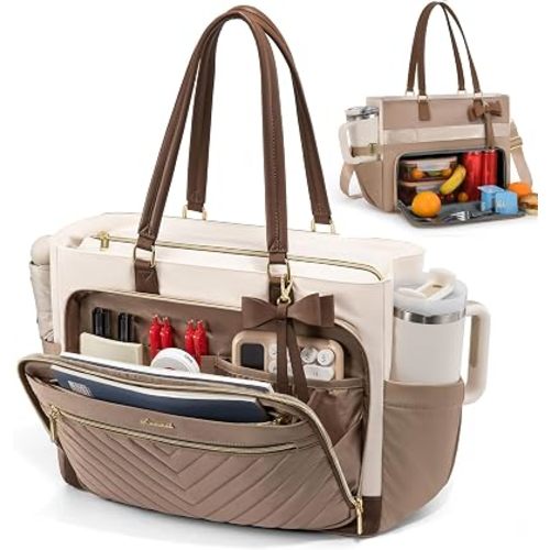 LOVEVOOK Lunch Bag, Insulated Lunch Bag with Laptop Compartment, Large Capacity Work Tote for Women, Teacher Tote Bag with Zipper Leakproof for Teacher, Nurse, Office, Khaki-Beige-Coffee, 17.3 Inch