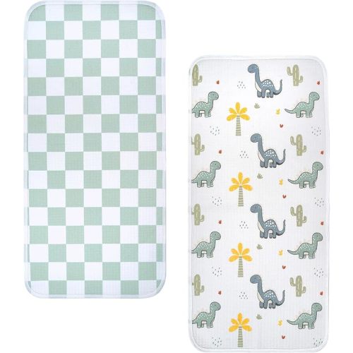haakaa Waterproof Changing Pad Liners, 100% Cotton, Soft & Breathable (2pcs, 13" x 27.5" Dino Land+Checkered Days)