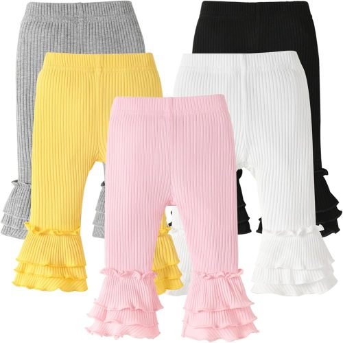 DREAM BUS 5 Pack Baby Girl Pants Toddler Girl Ribbed Ruffle Bell Bottoms Pants Newborn Girl Flare Leggings