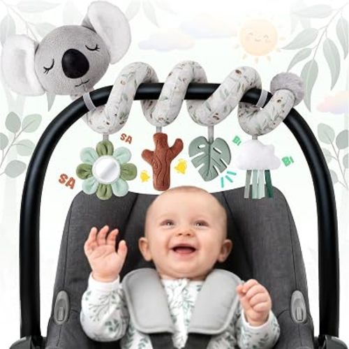 Stuffed Aesthetic Koala Spiral Car Seat Toys for Babies, Gender Neutral Infant Stroller Toy with Teether Hanging, Baby Registry Search Must Haves 0-6 Months