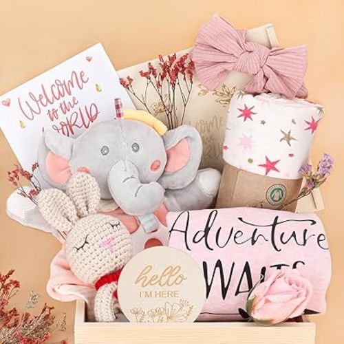 Baby Girl Gifts,Baby Shower Gifts for Girls,New Born Baby Girls Gift,Baby Girl Gift Basket,Unique Baby Gift Essential,Gender Reveal Gifts,Rattle Swaddle Blanket Baby Girl Gifts
