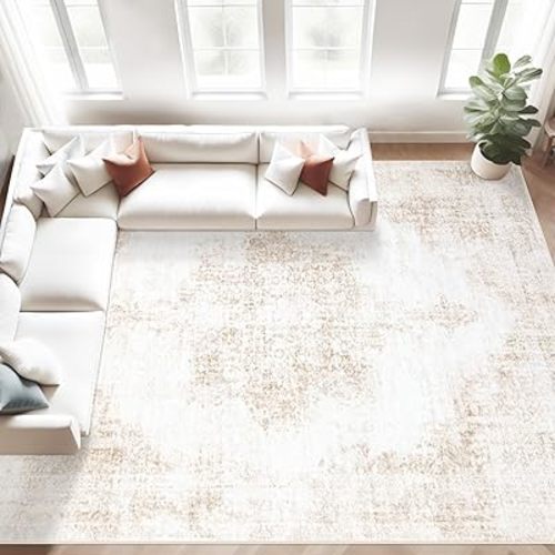 Area Rugs 8x10 Vintage Rug: Large Washable Living Room Rug Retro Medallion Distressed Rugs Soft Low Pile Non-Slip Indoor Floor Carpet for Bedroom Kitchen Nursery Dining Table Office (Beige, 8'x10')