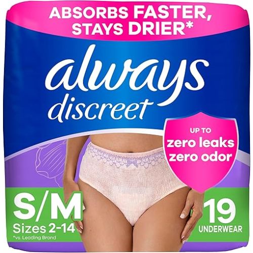 Always Discreet Adult Incontinence Underwear for Women and Postpartum Underwear, Small/Medium, Up to 100% Bladder Leak Protection, 19 Count