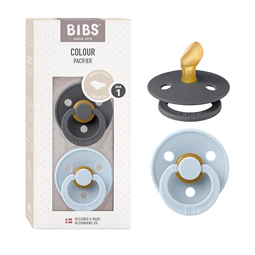 BIBS Pacifiers 0-6 Months | 2-Pack Soothers | BPA-Free Anatomical Nipple | Made in Denmark | Iron/Baby Blue Colour Pacifier | Natural Rubber | Size 1 | BPA-Free | Made in Denmark | High Nipple Acceptance | Airflow Holes