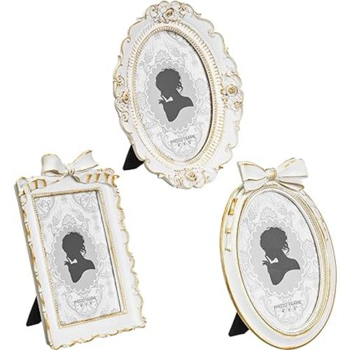 Vicenpal 3 Pcs Tiny Picture Ornate Frames 4 x 6 Inch Small Vintage Oval Picture Frames Gold Vintage Baroque Ornate Antique Resin Frame Table Top Display Frame for Home Wedding Decor (White)