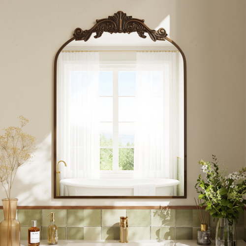 BEAUTYPEAK 32"x 20" Wall Decor Mirror Arched Metal Vintage Bathroom Mirror,Bronze