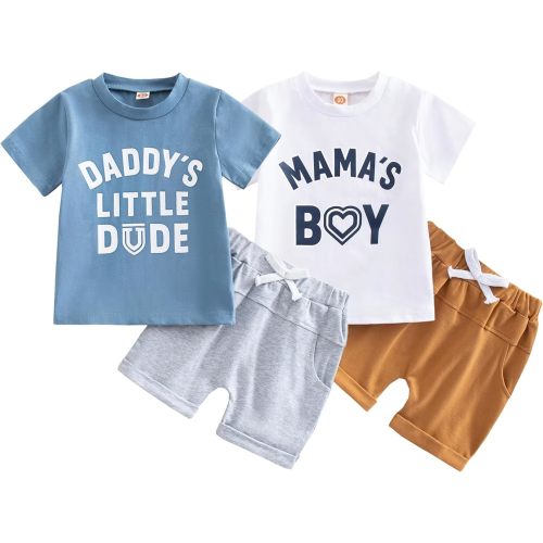 Baby and Toddler Boys 4-Piece Clothes Set, 2-Pack Cotton Short Sleeve Graphic T-Shirts & Shorts Summer Outfit