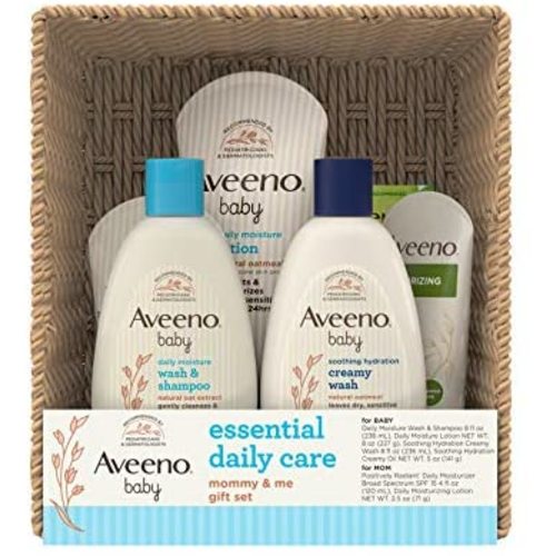 Aveeno Baby Essential Daily Care Baby & Mommy Gift Set Featuring a Variety of Skin Care and Bath Products to Nourish Baby and Pamper Mom, Baby Gift for New and Expecting Moms, 7 Items