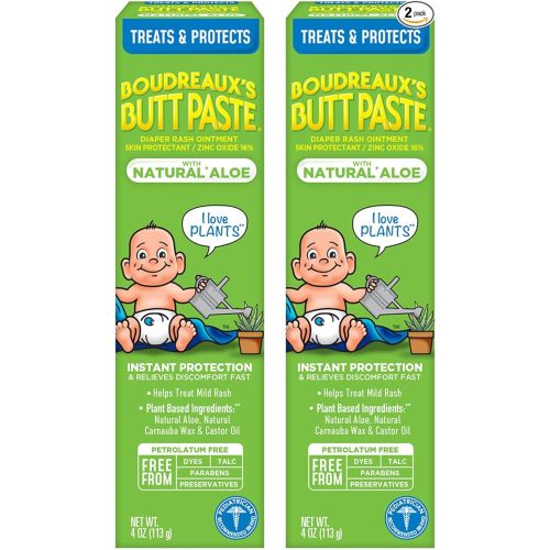 Boudreaux's Butt Paste with Natural* Aloe Diaper Rash Cream, Ointment for Baby, 4 oz Tube, 2 Pack - 4 oz - Pack of 2