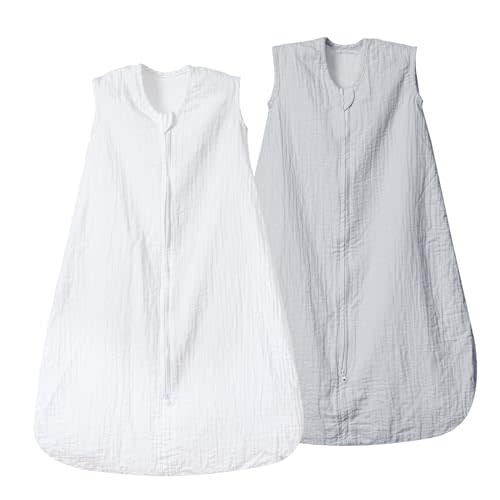 david's kids Muslin Cotton Baby Sleep Sack 6-12 Months, 2 Pack 100% Cotton Sleeping Bag for Summer, TOG 0.5 Baby Wearable Blankets with 2-Way Zipper, Soft Sleep Sacks for Newborn Infant, White & Grey