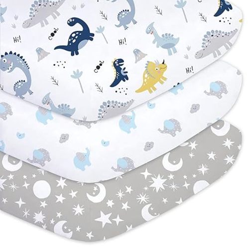 Plushii Crib Sheets for Baby Boys 4 Pack, 28"x 52" Extra Soft Microfiber Crib Sheet Set for Standard Crib & Toddler Mattress Pad, Dinosaur & Elephant & Stars & Navy Blue