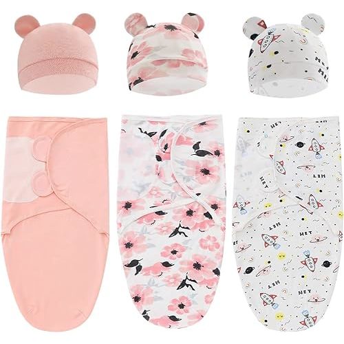 Baby Swaddle Sleep Sack with Hat Set for 0-3 months 3-Pack Soft Cotton Newborn Wearable Swaddle Wrap for Girls Boys