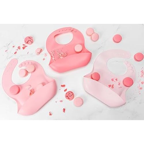 Silicone Baby Bibs Infant Toddler Feeding | Muted Pink Multi Set Pack Of 3 | Waterproof, Durable, Adjustable, Soft!…