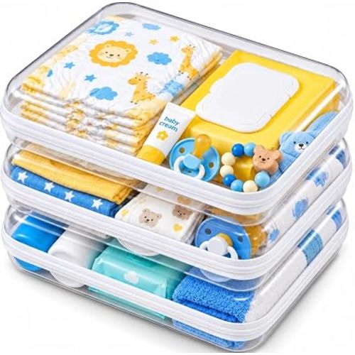 3 Pack Large Clear Hard Shell Zipper Case, Diaper Bag Organizer Pouches, Water-Resistant Travel Toiletry Bags for Baby Essentials, Toys, Cables, Crafts, Makeup, White
