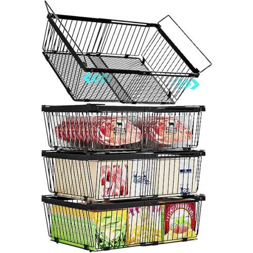 Large Freezer Organizer Bins，Upgraded Bottom Leak-Proof net，Fit 10 to 20 Cu.Ft Deep Freezer，4Pack， Expandable Stackable Chest Freezer Organizer Bins , for Fridge, Deep Freezer, Cabinet