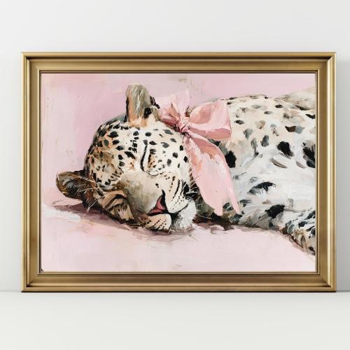 Sleeping Leopard Art Print with Pink Bow – Nursery Safari Animal Wall Art, Baby Girl Room Decor, Whimsical Jungle Print