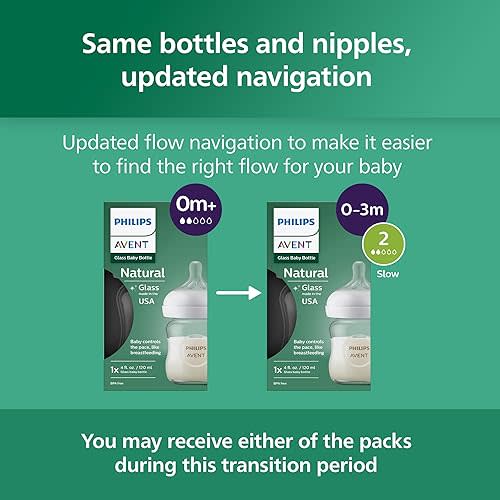 Philips Avent Natural Glass Baby Bottles with Natural Response Nipples (Slow Flow, Flow 2), 4oz, 4-Pack, SCY910/04