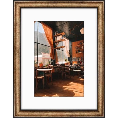 Golden State Art, 12x16 Black Trim Gold Frame - White Mat for 8x12 Photo - Vintage Antique Style - Brushed Texture Finish - Wall Mounting - Portrait/Landscape - Tempered Glass