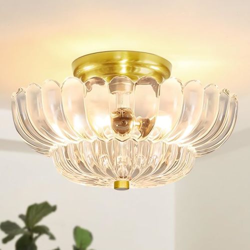 Semi Flush Mount Ceiling Light Fixture Vinatge Gold Ceiling Lights Mid Century Modern Clear Glass Close to Ceiling Lighting Fixtures for Bedroom Hallway Foyer Bathroom Kitchen Laundry Room Nursery