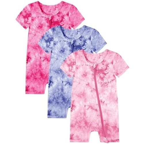 Jimonda Baby Girl Boys Rayon From Bamboo Pajamas 3 Pack Short Sleeve Footless Romper 2 Way Zipper Tie Dye Pjs Sleeper 0-24M