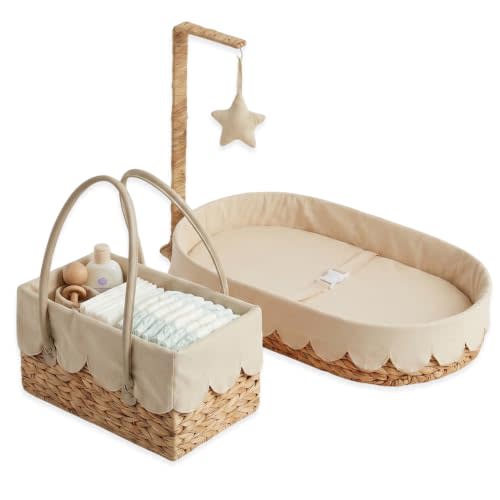 All-in-One Baby Changing Basket with Pad and Diaper Caddy Organizer, Handwoven Wicker Changing Basket for Dresser, Waterproof Changing Pad, Toy Bar with Plush Star, Washable Linen Cover