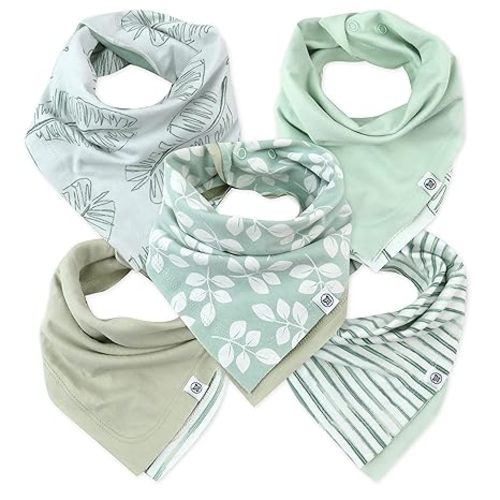HonestBaby Boys Organic Cotton Bandana Drool Bib Multipack, 5-Pack Jumbo Leaf Sage, One Size