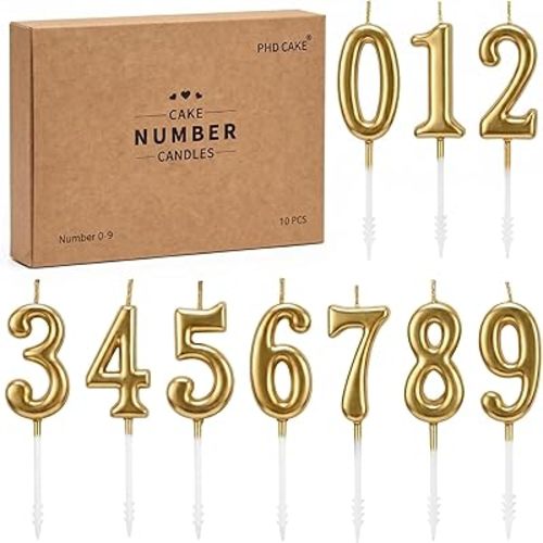 PHD CAKE 10-Pieces Champagne Gold Number Birthday Candles, Cake Numeral Candles Number 0-9 Glitter Cake Topper Decoration for Birthday,Wedding Anniversary,Party Celebration