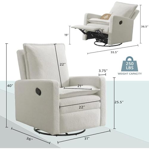 Oxford Baby Uptown Upholstered Glider Recliner Rocking Chair 360° Swivel for Nursery and Living Room – Boucle White