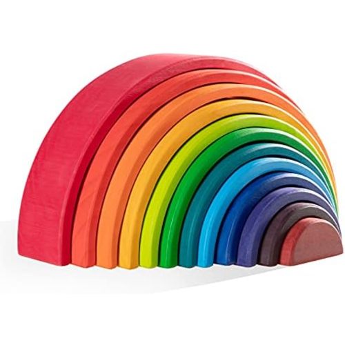 Wooden Rainbow Stacking Toy - 12 Pieces Extra Large Montessori Wooden Stacking Arch Educational Toys, Nesting Puzzle Building Blocks for Kids Toddlers (Rainbow Stackers)