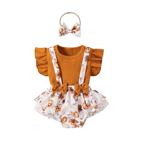 Kiapeise Baby Girl Ruffle Sleeve Ribbed T-Shirt + Suspender Shorts + Headband