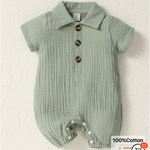 3-6M SHEIN Playful Pals Baby Boy Plain Newborn Romper, Double-Layer Muslin Solid Color Turn-Down Collar Jumpsuit, Loose & Cute For Daily Wear In Spring And Summer | SHEIN USA