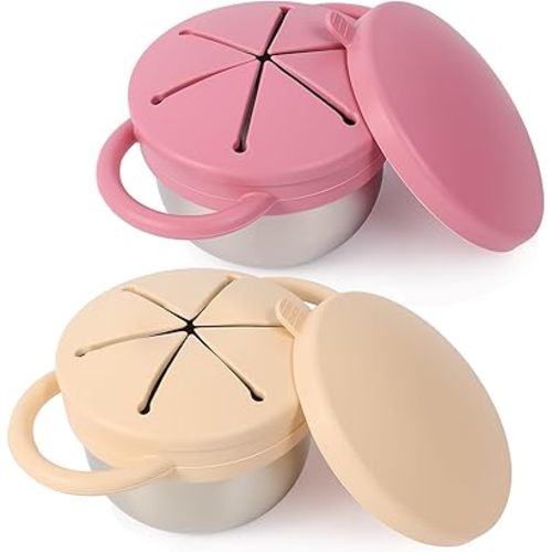 2 Pack Stainless Steel Spill Proof Snack Cup for Baby Toddlers Kids, with Silicone Food Catcher, Travel Lid, Spill-Proof Bowl Containers, Toddlers Essentials, Non Toxic BPA Free