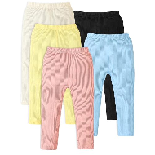 5 Pack Baby Girl Pants: Infant Solid Ribbed Pants Soft Cotton Pull On Leggings for Toddler 0-48 Months