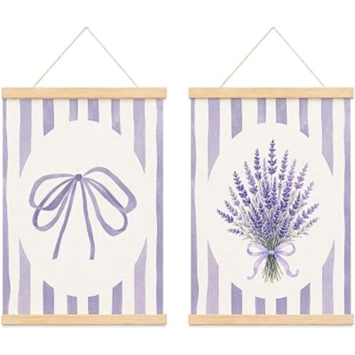 ETYZE Purple Coquette Bow Floral Wall Art, Cute Girls Bedroom Decor