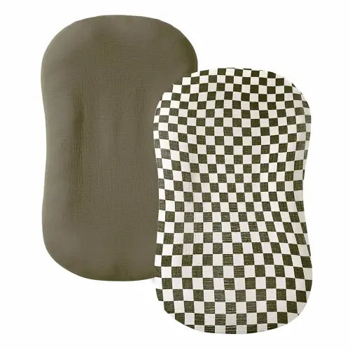 Muslin Baby Lounger Cover 2 Pack, 100% Cotton Infant Lounger Cover, Soft & Breathable Replacement Slipcover, Compatible with Snuggle Me Newborn Lounger (Olive,Olive Check)