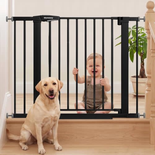 Mumeasy 29.7-40.6" Baby Gate for Stairs, Auto Close Dog Gate for Doorways | Pressure Mounted No Drill Pet Gate with Walk-Thru Door, Double Lock, One-Hand Operation, 30'' Tall for Kitchen/Indoor, Black