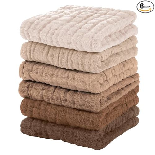 Unnivoll Muslin Burp Cloths Baby 12''X12'', Baby Washcloths 6 Pack, 100% Cotton Baby Wash Cloths Absorbent and Soft for Newborn Infants Kids Boys Girls - Gradient Brown