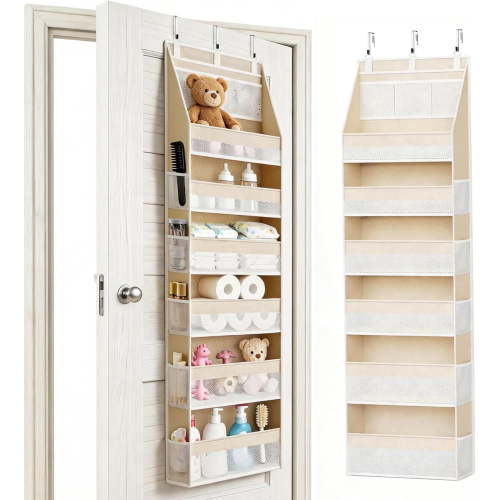 Over The Door Organizer 6 Large +13 Mesh Side Pockets | 55lbs capacity, heavy duty non-woven fabric.Ideal for , bathroom, pantry, closet. Beige, 1 pack.