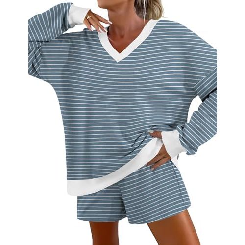 AKEWEI Womens Pajama Sets V Neck Long Sleeve Top and Shorts Cozy Loungewear with Pocket
