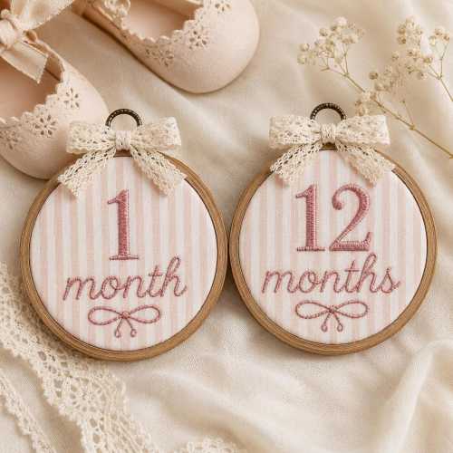 Baby Milestone Embroidery Hoop, 1 Month to 12 Months Baby Photo Props, Pink Nursery Monthly Marker, Newborn Keepsake Gift