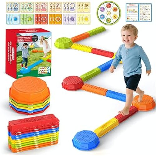 15PCS Rainbow Stepping Balance Beam Stones for Kids Toddlers - Indoor & Outdoor Sensory Toys for Outside Play Games,Without Light Up&Music Non-Slip Jumping Blocks for Obstacle Course Boy Girl Gifts