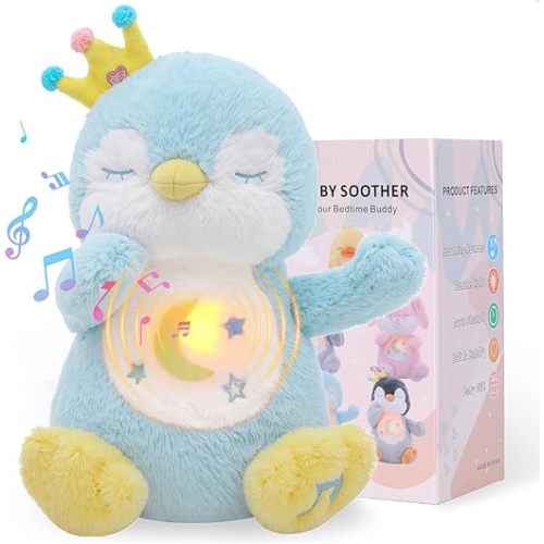 Emoin Penguin Stuffed Animal, Breathing Penguin Plush Baby Toy Sleep Buddy with Realistic Breathing Motion and Lights Music for Adults and Kids-Blue