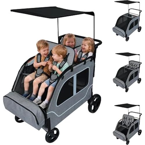 Large 4 Seater Wagon Stroller 2 3 Kids Toddler Child Light Grey