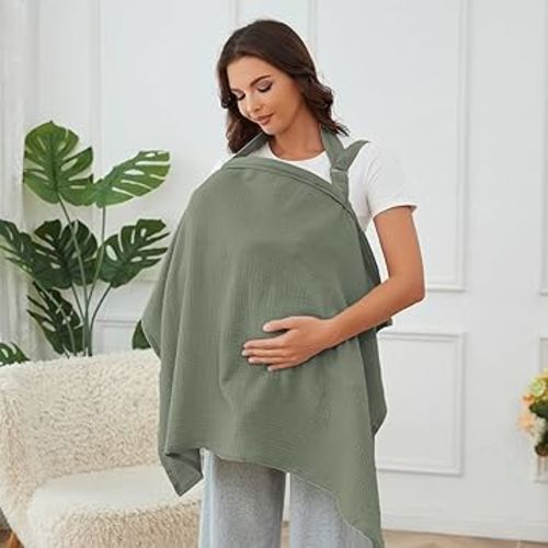 Muslin Nursing Cover for Baby Breastfeeding, Breathable 100% Cotton Breastfeeding Cover with Rigid Hoop for Mother Nursing Apron (Roman Green)