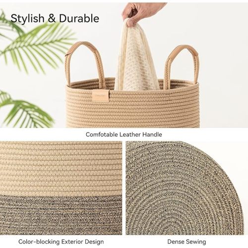 95L Striped Laundry Hamper with Leather Handles,Large Foldable Laundry Basket for Clothes,Cotton Rope Storage Bin for Blankets,Woven Clothes Basket for Bedroom,Dark Brown Stripes