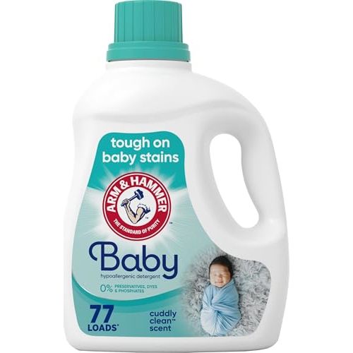 ARM & HAMMER Baby Hypoallergenic Laundry Detergent Liquid, 100.5 Fl Oz | Tough on Baby Stains, No Preservatives, Dyes and Phosphates, Cuddly Clean Scent